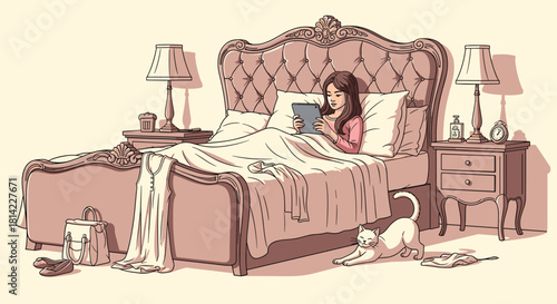 Young woman relaxing in a luxurious bed with a tablet, a cat stretching nearby.