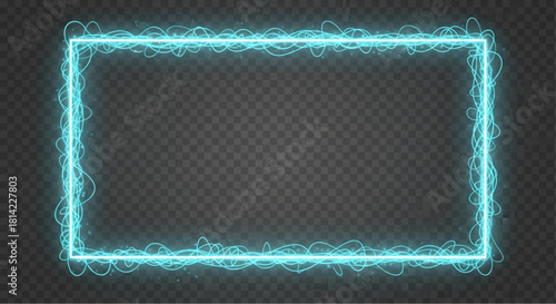 An eye-catching, glowing rectangle frame with neon, dynamic energy in brilliant bright turquoise hues against a transparent background. vector illustration