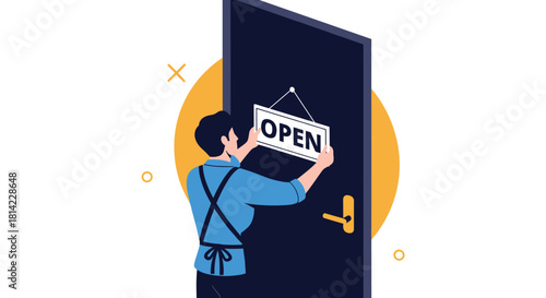 A person in an apron hangs an open sign on a dark blue door, signifying the business is ready to welcome customers.