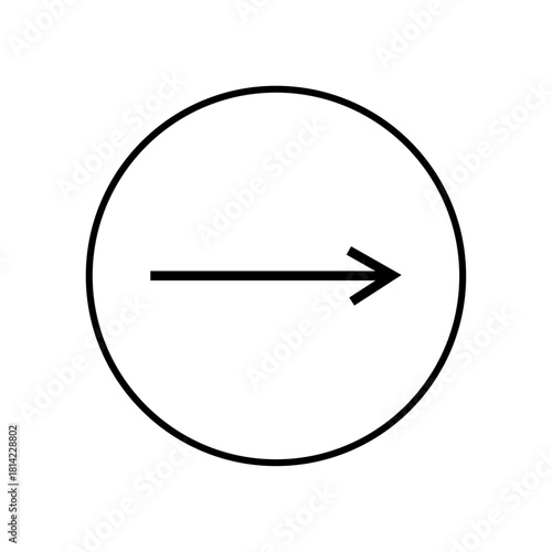 Black thin arrow on white circle pointing right direction indicates next page of web and app. Right side arrow icon. Arrow mark next icon ui and ux design. Vector illustration.