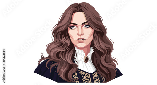 Pixel art portrait of a woman with long brown wavy hair wearing a dark blue outfit with ornate gold trim.