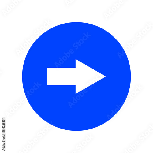 White bold arrow on blue circle pointing right direction indicates next page of web and app. Right side arrow icon. Arrow mark next icon Ui and Ux design. Vector illustration.