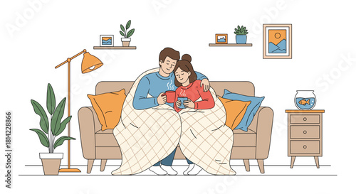 Cozy couple snuggles together on a couch under a blanket sharing a warm drink.