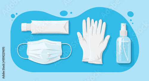 Flat design of medical supplies including a tube, mask, gloves, and sanitizer bottle on a blue background.