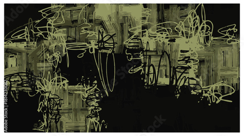 Abstract expressionist drawing with chaotic scribbles and lines in muted olive green on black vector illustration