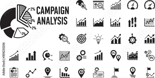 Campaign analysis icon set business data and marketing strategy flat design for presentation and infographics isolated on white backgr