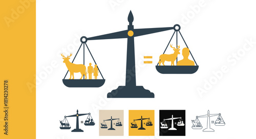 Illustration of a scale balancing deer and people, symbolizing equality and environmental balance.