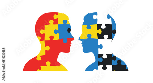 Two facing human head silhouettes composed of colorful jigsaw puzzle pieces, symbolizing connection or conflict.