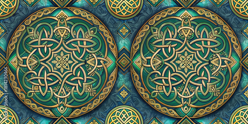 Intricate circular Celtic pattern featuring teal and gold, showcasing interwoven designs and symmetry.