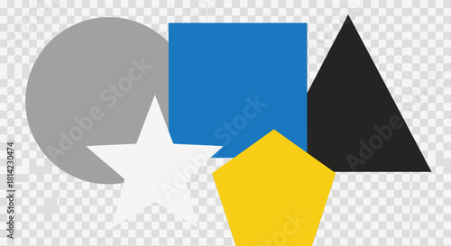 Abstract composition displaying various geometric shapes, overlapping and arranged.