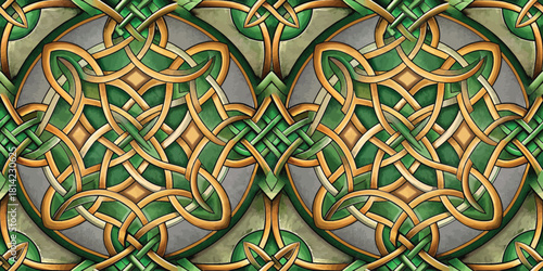 Intricate green and gold Celtic knot pattern symbolizing unity and eternity.