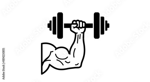 A strong, muscular arm with a flexed bicep lifting a heavy dumbbell.