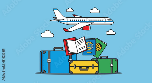 A collection of colorful suitcases, passports, and an open book are piled together with an airplane flying overhead against a clear blue sky with clouds.