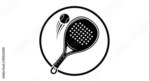 Black and white illustration of a padel racket hitting a padel ball within a circular frame.