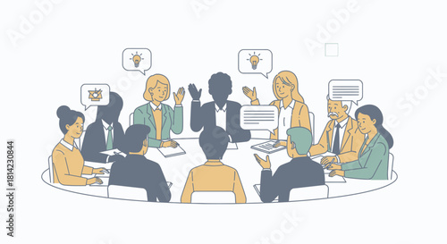 Diverse group of people sitting around a round table discussing ideas.