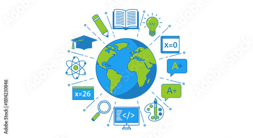 A vibrant illustration depicting global education and learning with various academic symbols surrounding a central globe.