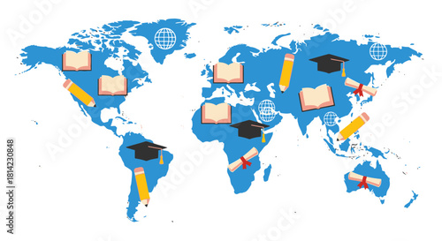 A world map with educational symbols like books, graduation caps, diplomas, and pencils scattered across continents, representing global education.