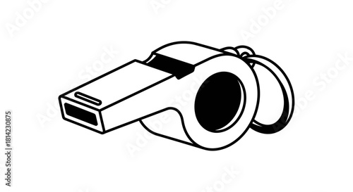 A simple black and white line art illustration of a classic sports whistle with an attachment ring.