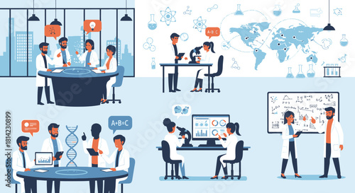 Scientists collaborating and conducting research in various laboratory and meeting settings, featuring microscopes, DNA, and data analysis.