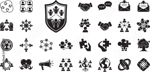 Set of business and teamwork icons simple glyph designs for collaboration networking and communication isolated on white background