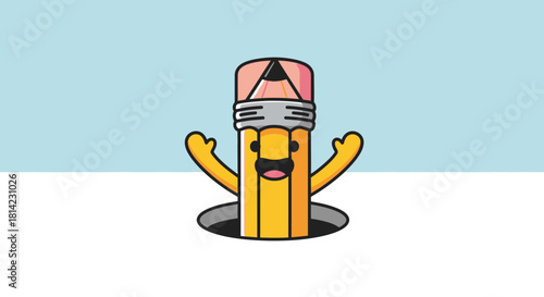 Cartoon pencil character emerging from a hole, with arms raised in a welcoming gesture, set against a light blue and white background.