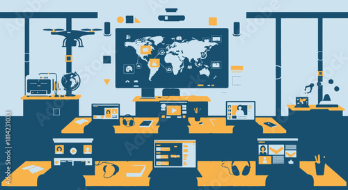 Modern high-tech control room with a large world map display, multiple workstations, laptops, tablets, and a drone, illustrating global data management and business operations.