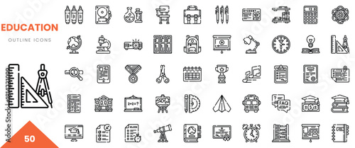 A collection of 50 education-themed outline icons featuring diverse school-related symbols.