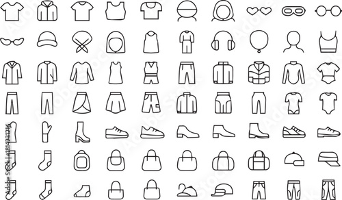 Fashion and Garment Icons Pack: Jacket, T-Shirt, Skirt, Pants, Shoes, Hats, and Bags. Linear Outline Symbols.