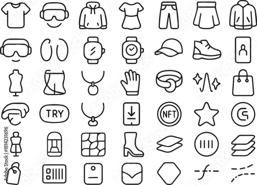 Virtual and Physical Fashion Line Icon Set. NFT, Metaverse, E-commerce, Clothing, and Accessory Vector Outline Icons.