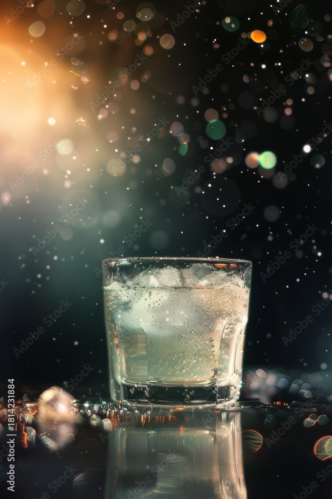 Fototapeta premium Vaso de bebida con hielo y efectos de luz mágica y partículas, Cóctel de celebración con fondo de bokeh brillante y festivo, oncepto de bebida energética o mágica con destellos dorados