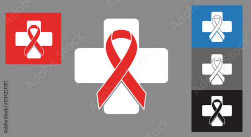 Illustration showing a red ribbon overlapping a white medical cross, with variations in color backgrounds.