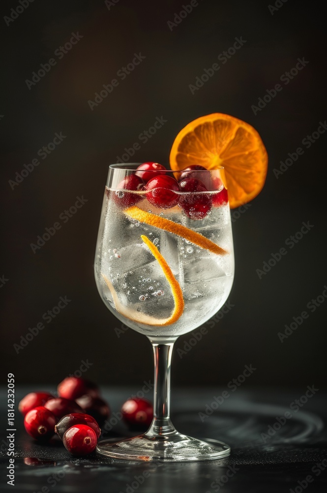 Obraz premium Gin tonic en copa balón con arándanos y rodaja de naranja, fondo oscuro, Mixología elegante: gin tonic con garnish de naranja y arándanos, iluminación de estudio, promoción bartender club