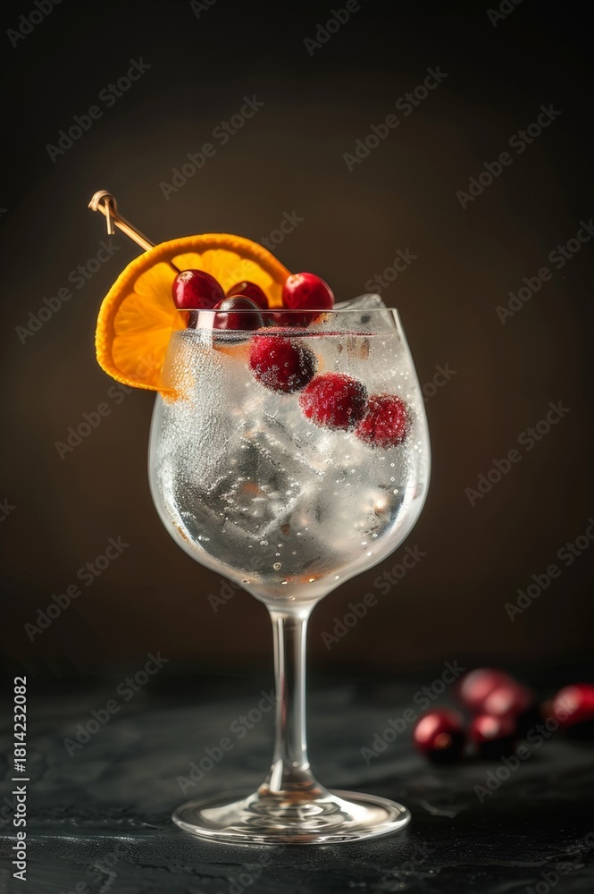 Obraz premium Gin tonic en copa balón con arándanos y rodaja de naranja, fondo oscuro, Mixología elegante: gin tonic con garnish de naranja y arándanos, iluminación de estudio, promoción bartender club