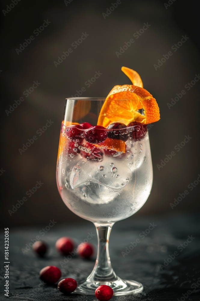 Fototapeta premium Gin tonic en copa balón con arándanos y rodaja de naranja, fondo oscuro, Mixología elegante: gin tonic con garnish de naranja y arándanos, iluminación de estudio, promoción bartender club