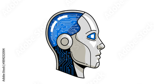 A stylized illustration showcasing the profile of a robotic head with intricate internal circuitry.