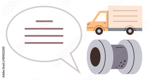 Delivery truck and cargo spool with large speech bubble indicating communication or collaboration. Ideal for shipment, transportation, logistics, supply chain, communication, teamwork, business