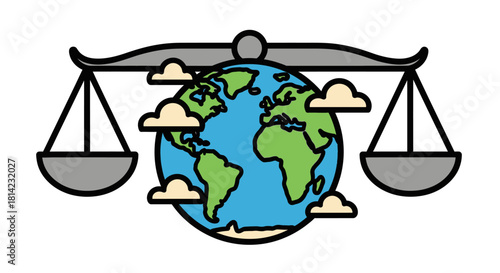 Symbolic illustration showing the Earth balanced on a set of scales, representing global justice.