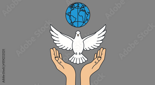 Illustration of hands releasing a white dove with a blue globe above, symbolizing peace and global unity.