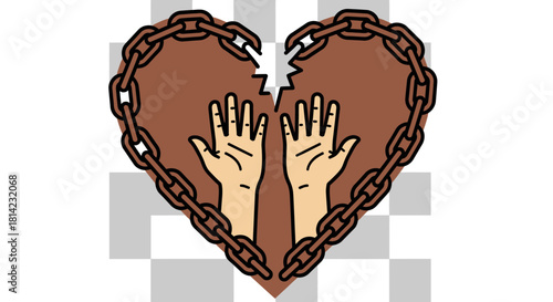 Illustration of hands breaking a chain shaped like a heart.