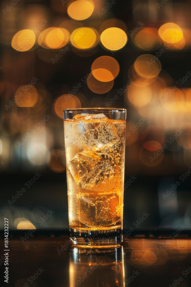 Obraz premium Cóctel dorado con hielo en vaso tallado sobre fondo oscuro, Whisky highball con cubitos de hielo y luces bokeh nocturnas, Cocktail premium con whisky y soda en ambiente nocturno