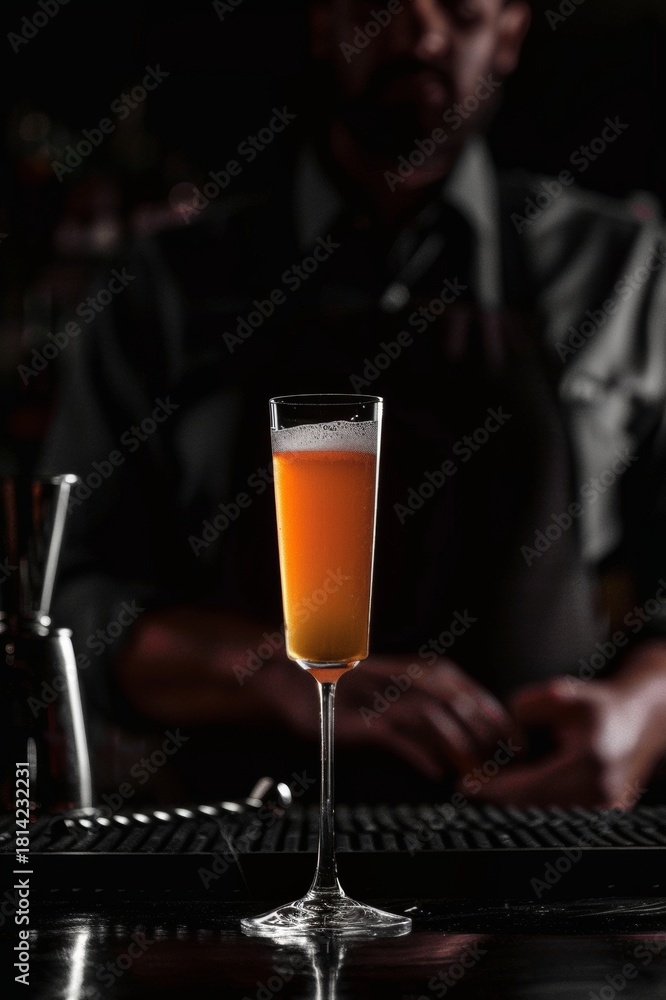 Obraz premium Cóctel espumoso tipo Bellini en copa flauta con espuma, barra de coctelería elegante, Mimosa dorada servida en copa alta en bar oscuro, mixología de autor