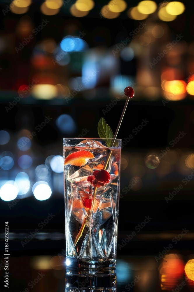 Obraz premium Cóctel con frutas rojas en vaso alto sobre fondo bokeh, Gin tonic con cerezas en vaso tallado, Cocktail de verano con frutas rojas y luces desenfocadas