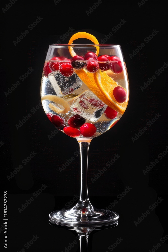 Obraz premium Gin tonic en copa balón con arándanos y rodaja de naranja, fondo oscuro, Mixología elegante: gin tonic con garnish de naranja y arándanos, iluminación de estudio, promoción bartender club