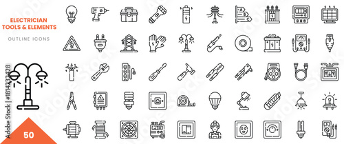 A collection of electrician tools and elements featuring 50 detailed outline icons.