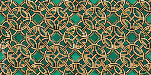Intricate golden knot design on a teal background, showcasing a mesmerizing pattern of interwoven loops.