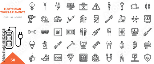 Collection of electrician tools and elements in outline style, showcasing various instruments and symbols.