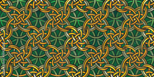 Intricate Celtic knot pattern in vibrant green and gold hues, showcasing interwoven designs.
