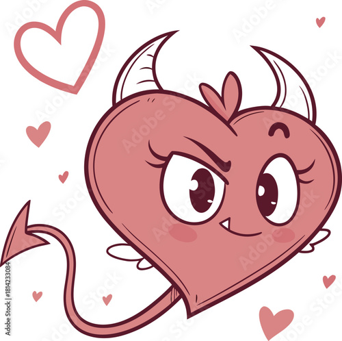 Cute devil heart character with horns and tail, cartoon style
