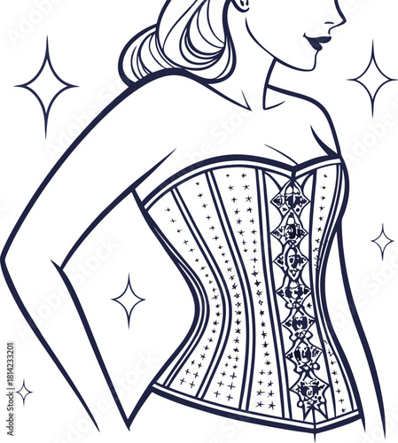 Woman in decorative corset line art drawing with sparkles