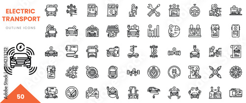 A collection of outline icons representing electric transport concepts and technology.